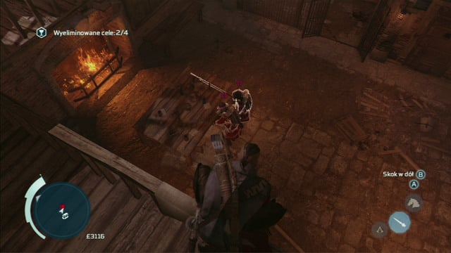 To eliminate the two enemies below, equip the hidden blade, jump onto the balustrade and aim so that both enemies are lit - Naval mission - Fort Wolcott | Captain Kidds treasure in AC III Remastered - Captain Kidds treasure - Assassins Creed III Game Guide & Walkthrough