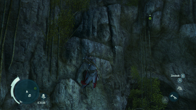 That way you will reach a small beach from where you have to climb onto the cliff on the left - Naval mission - Dead Chests Treasure | Captain Kidds treasure in AC III - Captain Kidds treasure - Assassins Creed III Game Guide & Walkthrough