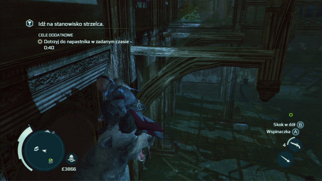 For that, you will have to climb onto the bear on the right and afterwards jump along the wooden beams to the end of the room - Naval mission - The Mad Doctor Castle | Captain Kidds treasure in AC III - Captain Kidds treasure - Assassins Creed III Game Guide & Walkthrough