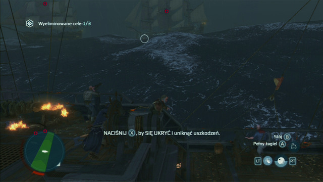 After a successful attack, a white ring should appear on the enemy ship, pointing to the gunpowder storage - Biddles Hideout | Naval missions in Assassins Creed III Remastered - Naval missions - Assassins Creed III Game Guide & Walkthrough
