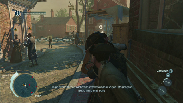 As youre eavesdropping, you cannot be noticed by civilians, so hide between the men leaning against the wall on the right - Sequence 2 - The Surgeon | Assassins Creed III Remastered Walkthrough - Walkthrough - Assassins Creed III Game Guide & Walkthrough