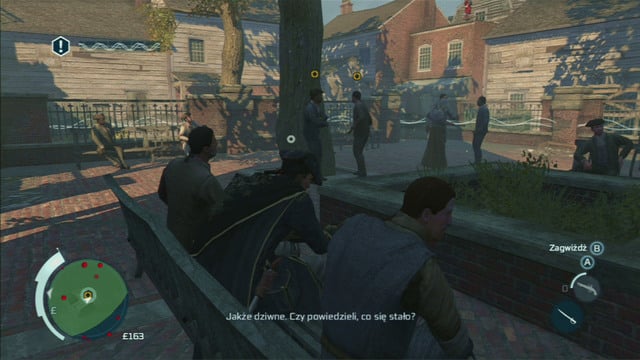 Further people to eavesdrop on can be found in the second green area - Sequence 2 - The Surgeon | Assassins Creed III Remastered Walkthrough - Walkthrough - Assassins Creed III Game Guide & Walkthrough