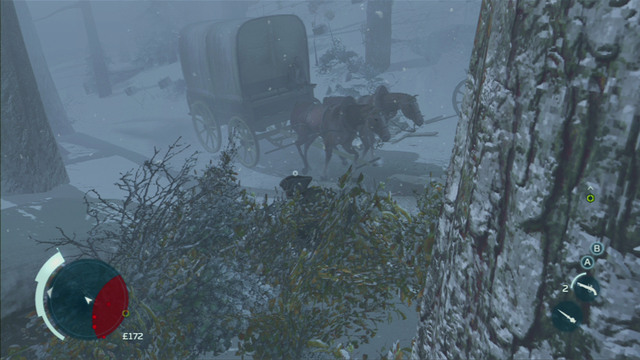 After a short talk, head onto the road on the left and hide inside the carriage - Sequence 3 - Execution is Everything | Assassins Creed III Walkthrough - Walkthrough - Assassins Creed III Game Guide & Walkthrough