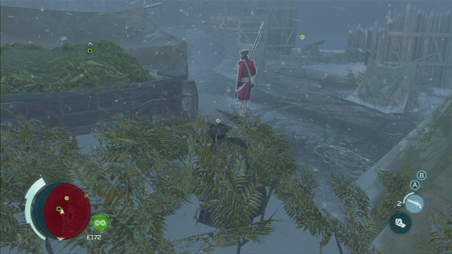 In order to get it, sneak into the bushes on the left and knock out the nearby guard bare-handed - Sequence 3 - Execution is Everything | Assassins Creed III Walkthrough - Walkthrough - Assassins Creed III Game Guide & Walkthrough