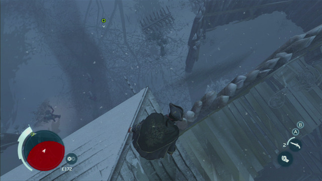 You will now have to jump far to the right, to a place not watched by the guards - Sequence 3 - Execution is Everything | Assassins Creed III Walkthrough - Walkthrough - Assassins Creed III Game Guide & Walkthrough