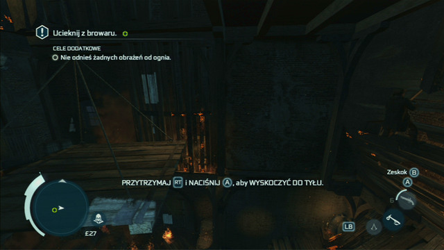 From there, head to the next collapsed staircase and climb onto the burning wall - Sequence 9 - The Foam and The Flames | Assassins Creed III Walkthrough - Walkthrough - Assassins Creed III Game Guide & Walkthrough