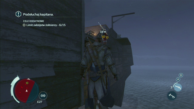 When the men are done talking, slowly move further to the right, get aboard the ship and follow the guard behind his back to the marked spot - Sequence 12 - Laid to Rest | Assassins Creed III Remastered Walkthrough - Walkthrough - Assassins Creed III Game Guide & Walkthrough