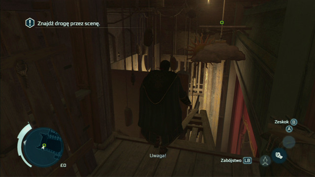 On the other side of the door, jump onto the element of the scenography and head further to the left - Sequence 1 - Deadly Performance | Assassins Creed III Remastered Walkthrough - Walkthrough - Assassins Creed III Game Guide & Walkthrough
