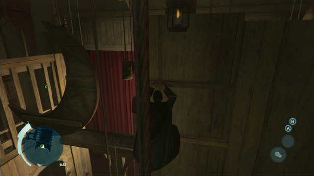 From there, jump onto the wooden moon and head to the left edge of the scene - Sequence 1 - Deadly Performance | Assassins Creed III Remastered Walkthrough - Walkthrough - Assassins Creed III Game Guide & Walkthrough