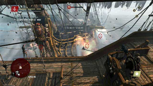 Watch out for the enemy ships mortars, approach it by sailing towards its bow and shoot chains at it to slow it down - 02 - Devils Advocate | Sequence 6 - Sequence 6 - Assassins Creed IV: Black Flag Game Guide & Walkthrough
