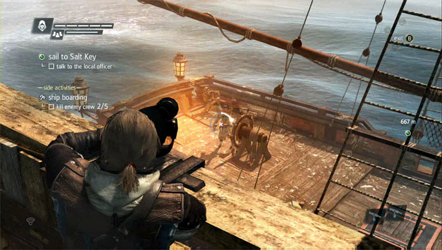 Before you go aboard, it is a good idea to shoot the crew with the swivel gun - Boarding | Naval battles - Naval battles - Assassins Creed IV: Black Flag Game Guide & Walkthrough