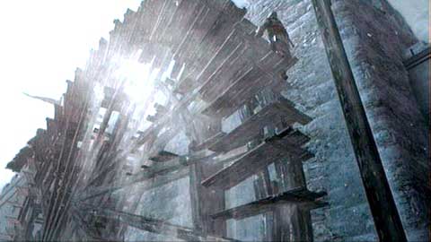 After killing the guard, go up the stairs and then step onto the near mill-wheel - Memory 5 - p. 1 - Sequence 1 - A Sort of Homecoming - Assassins Creed: Revelations - Game Guide and Walkthrough