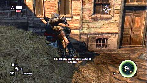 In this way you'll lure your victim around and you'll be able to assassinate him from a haystack - Memory 1 - Sequence 6 - Fortune's Disfavor - Assassins Creed: Revelations - Game Guide and Walkthrough