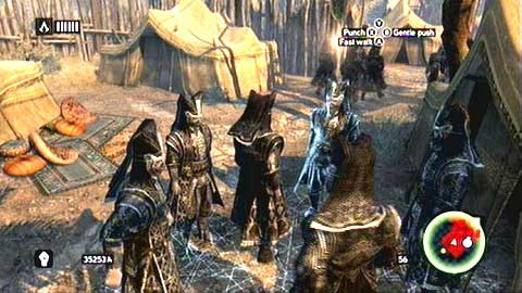 First blend into the group on the right and then move to the three men patrolling the area - Memory 2 - p. 1 - Sequence 6 - Fortune's Disfavor - Assassins Creed: Revelations - Game Guide and Walkthrough