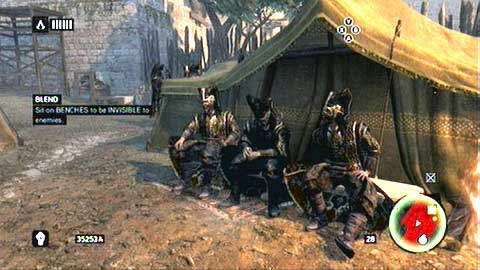 Watch out for enemies wandering there and slowly sneak to the bench on the left - Memory 2 - p. 1 - Sequence 6 - Fortune's Disfavor - Assassins Creed: Revelations - Game Guide and Walkthrough