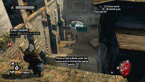 Once you get to the indicated place, throw the bomb near the group of enemies - Thunder; Smoke Screen; Cherry - Piri Reis Missions - Assassins Creed: Revelations - Game Guide and Walkthrough