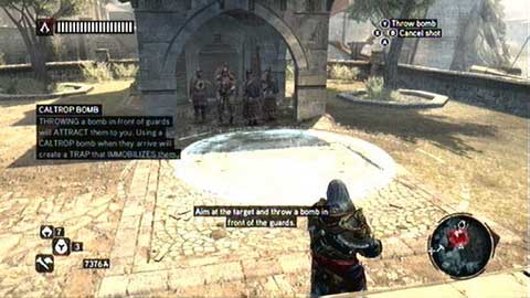 After mission beginning throw the Caltrops Bomb in front of the group of soldiers - Datura; Caltrops; Smoke Decoy - Piri Reis Missions - Assassins Creed: Revelations - Game Guide and Walkthrough