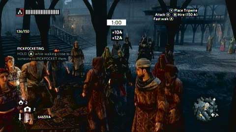 Quickly walk inside the nearby crowd and start pickpocketing citizens (A) - Missions 4-6 - Recruit Assassins Missions - Assassins Creed: Revelations - Game Guide and Walkthrough