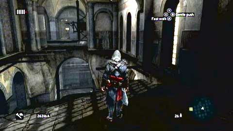 Now head to the left jumping over the wooden beams and performing a long jump on an object hanging from the ceiling (B during the 