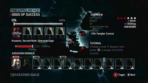 Chance of success is shown in percentage when you select assassins - Assassins guild - p. 1 - Compendium of knowledge - Assassins Creed: Revelations - Game Guide and Walkthrough
