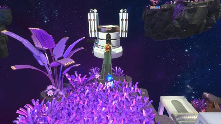 Collect all the coins from the purple grass, then cross the metal bridge - Astros Playroom: Deep Dataspace - walkthrough - SSD Speedway - Astros Playroom Guide