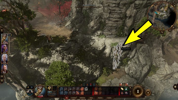 Beware of the goblin standing on top of the cliff, and find the vines you will use to descend to the lower level - Baldurs Gate 3: How to get in Goblins Camp? - Baldurs Gate 3: Exploration - Baldurs Gate 3 Guide, Walkthrough