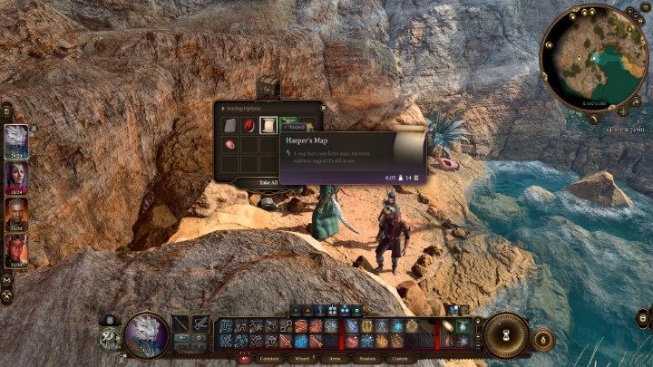 Under the boulder is a small chest, hiding some useful treasure and the Harper's Map with clues on how to reach the cache - Baldurs Gate 3: The Hidden Harpers Chest puzzle - Baldurs Gate 3: Puzzles - Baldurs Gate 3 Guide, Walkthrough