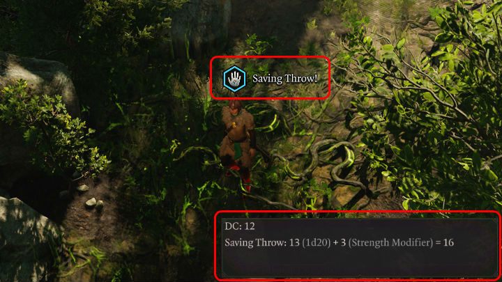 In the image above, the hero rolls a success in the Saving Throw against vines and could go on without any difficulty or damage received - Baldurs Gate 3: Abilities - Baldurs Gate 3: Basics - Baldurs Gate 3 Guide, Walkthrough