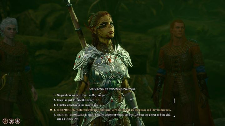 When Ethel loses enough health points, she'll start begging for her life and offer up a great power if you let her leave Mayrina - Baldurs Gate 3: How to beat Auntie Ethel (Green Witch) in BG3? - Baldurs Gate 3: Bosses and difficult fights - Baldurs Gate 3 Guide, Walkthrough