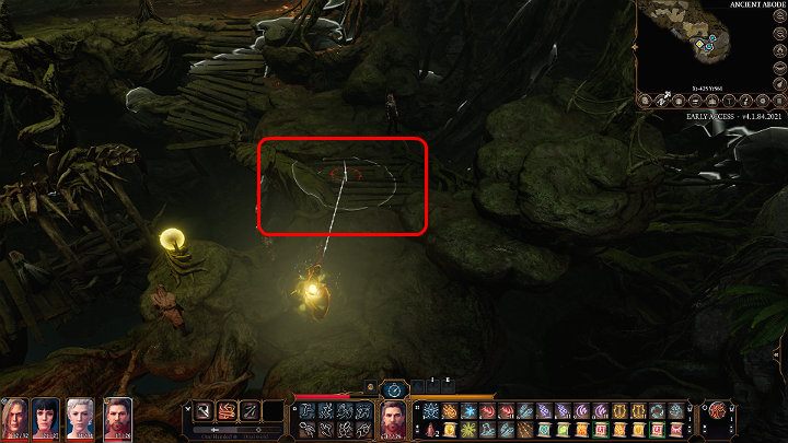 If the above methods have not worked and you have failed to summon Aunt Ethel, choose a character with area spells and then point to the place marked in the image above (a wooden bridge connecting two rock slabs) - Baldurs Gate 3: How to beat Auntie Ethel (Green Witch) in BG3? - Baldurs Gate 3: Bosses and difficult fights - Baldurs Gate 3 Guide, Walkthrough