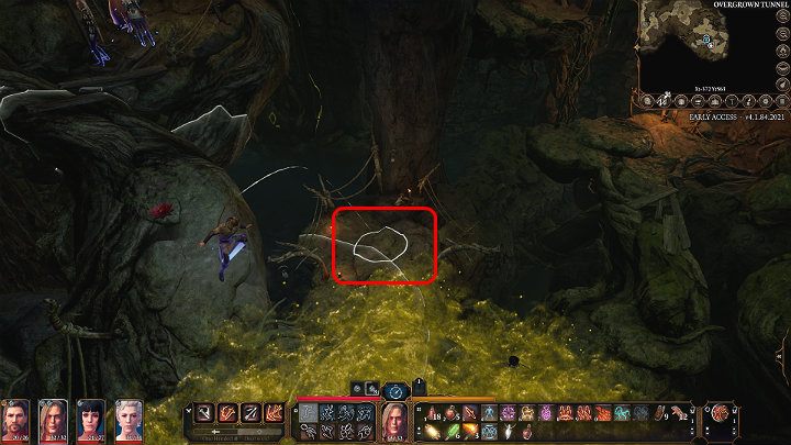 After landing, descend slightly lower and jump again so that the character lands on the left side of the poisonous cloud, around the spot shown in the image above - Baldurs Gate 3: How to beat Auntie Ethel (Green Witch) in BG3? - Baldurs Gate 3: Bosses and difficult fights - Baldurs Gate 3 Guide, Walkthrough