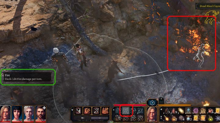 In the above image, you can see a burning area that can be further used to your ends - Baldurs Gate 3: Combat - turns, action points, mechanics - Baldurs Gate 3: Basics - Baldurs Gate 3 Guide, Walkthrough