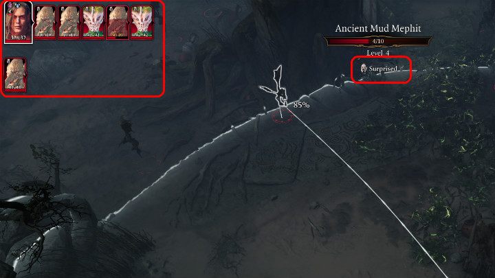 In the above image, you can see a situation in which the player character made a sneak attack and initiated a fight, but due to the fact that all opponents were surprised, they skipped their first round and the hero will be able to attack again, and thus eliminate the first target before the fight a - Baldurs Gate 3: Combat - turns, action points, mechanics - Baldurs Gate 3: Basics - Baldurs Gate 3 Guide, Walkthrough