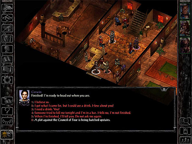 If you want the aristocrats arrested, inform Corwin about the situation. - Side Quests in the Three Old Kegs | Three Old Kegs - Three Old Kegs - Baldurs Gate: Siege of Dragonspear Game Guide