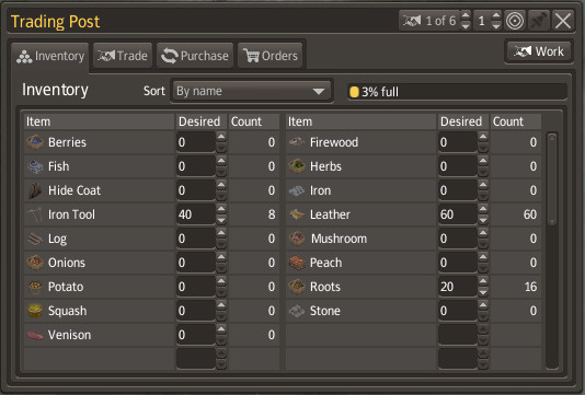 In the first screen youll see all the resources in a warehouse in the docks - amounts of resources can be modified - remember to acquire the items you want to trade early enough, because when the merchant arrives, it might be too late - Trade - Banished - Game Guide and Walkthrough