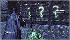 Dont try using Batarangs here, just approach each of the three interactive question marks and spray Explosive Gel #1 - Batman trophies (15-24) | Park Row - Park Row - Batman: Arkham City Game Guide