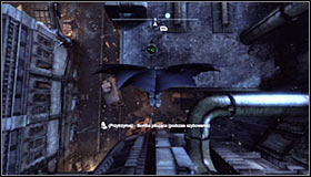 Jump off the ledge and glide towards the second plate found north of here #1, helping yourself with the Dive Bomb (activated by holding down the right trigger in mid-air) #2 - Batman trophies (22-30) | Bowery - Bowery - Batman: Arkham City Game Guide