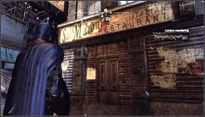 Find the entrance to the Maronis Italian restaurant (screen above) and scan it - Riddles | Bowery - Bowery - Batman: Arkham City Game Guide