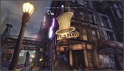 Find the hats shop (screen above) and scan the entrance - Riddles | Bowery - Bowery - Batman: Arkham City Game Guide