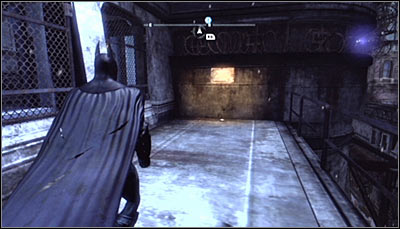 Get onto the balcony adjoining the Arkham City Processing Center (screen above) - Riddles | Bowery - Bowery - Batman: Arkham City Game Guide