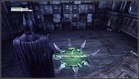 In order to solve this riddle, you have to throw three Batarangs by quickly tapping the left trigger (dont hold it down - Batman trophies (01-10) | Museum - Museum - Batman: Arkham City Game Guide