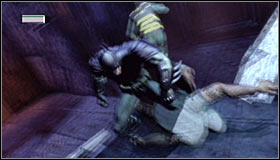 Crouch and approach the destructible wall #1, beside which the guard is standing - Locate the source of the sniper shot | Main story - Main story - Batman: Arkham City Game Guide