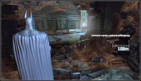 Use the Grapnel Gun to reach the upper platform #1 and continue going east, choosing the destroyed passage on your way #2 - Disable Penguins Final Communications Disruptor underground | Main story - Main story - Batman: Arkham City Game Guide