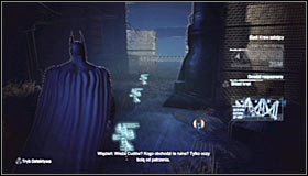 Jump down onto the glass roof below you, head east and use the Grapnel Gun to reach the balustrade above #1 - Follow assassin using tracker device to locate Ras al Ghul | Main story - Main story - Batman: Arkham City Game Guide