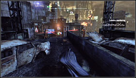 Keep successively moving west, eliminating the sniper on your way #1 and making sure you dont get spotted by any of them prematurely - Infiltrate the Steel Mill (part 2) | Main story - Main story - Batman: Arkham City Game Guide