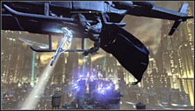 Stay beside the helicopter you have scanned a moment ago and use the Grapnel Gun (RB) on it #1 - Retrieve Master Control Program transmitter from Primary Helicopter | Main story - Main story - Batman: Arkham City Game Guide