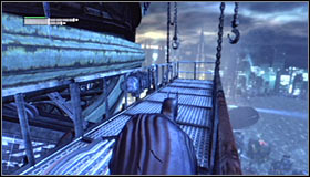 If you decide to follow the branch leading down #1, you will reach an exit in the building wall and after unlocking it you will be able to jump onto one of the outer balconies #2 - Climb the observation deck to stop Protocol 10 | Main story - Main story - Batman: Arkham City Game Guide