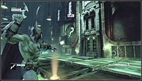 Now its going to be a bit harder, as you need to throw Batarangs at two different question marks #1 #2, the two that you have already hit to be precise - Enigma Conundrum (riddles 1-9) | Side missions - Side missions - Batman: Arkham City Game Guide
