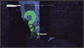 Just like with the 5th riddle, you have to approach the question mark #1 and press A to destroy the fragile wall fragment - Enigma Conundrum (riddles 1-9) | Side missions - Side missions - Batman: Arkham City Game Guide