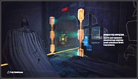 The goal in this puzzle is placing the steel platform on the interactive plate #1 and therefore turn off the barrier blocking access to the hostage #2 - Enigma Conundrum (riddles 10-15) | Side missions - Side missions - Batman: Arkham City Game Guide